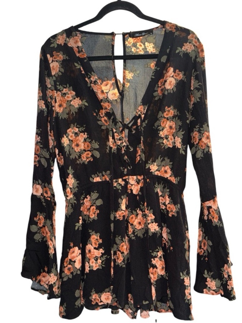Anna Grace Black Floral Lace-Up V-Neck Romper Peach and Sage Flowers